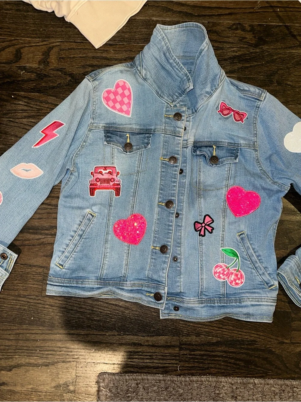 Light Blue Girls' Denim Jacket w/various girly Sequin Patches 10/12